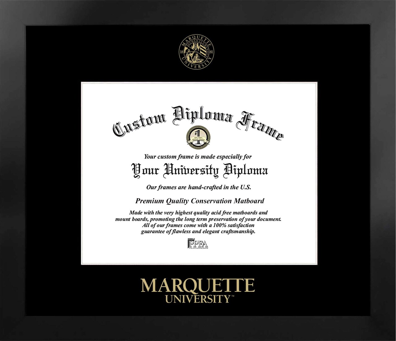 Marquette University 12w x 9h Manhattan Black Single Mat Gold Embossed Diploma Frame with Bonus Campus Images Lithograph (value savings at $59)